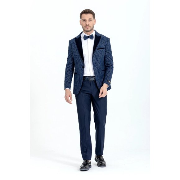 Derman Blue Silvery Patterned Fabric Tuxedo - Picture 2 of 7